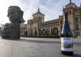 Una botella de Malabrigo, de Cepa 21, junto a una reproducción de los Goya ante la Academia de Caballería de Valladolid.