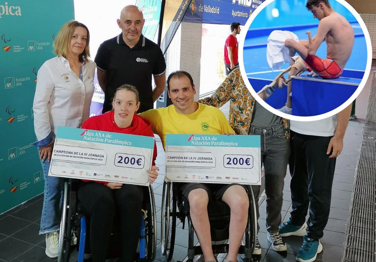 Marta Fernández y Toni Ponce posan con sus cartelones de premios. Luis Huerta, arriba.