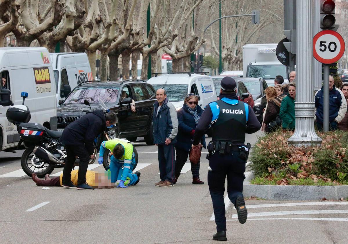 Un sanitario asiste a la mujer atropellada en el Paseo de Zorrilla.