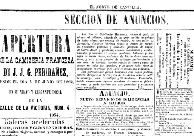 Contraportada de El Norte de Castilla del 13 de junio de 1862, donde los hermanos Gabilondo anunciaban su casa taller de ferretería.