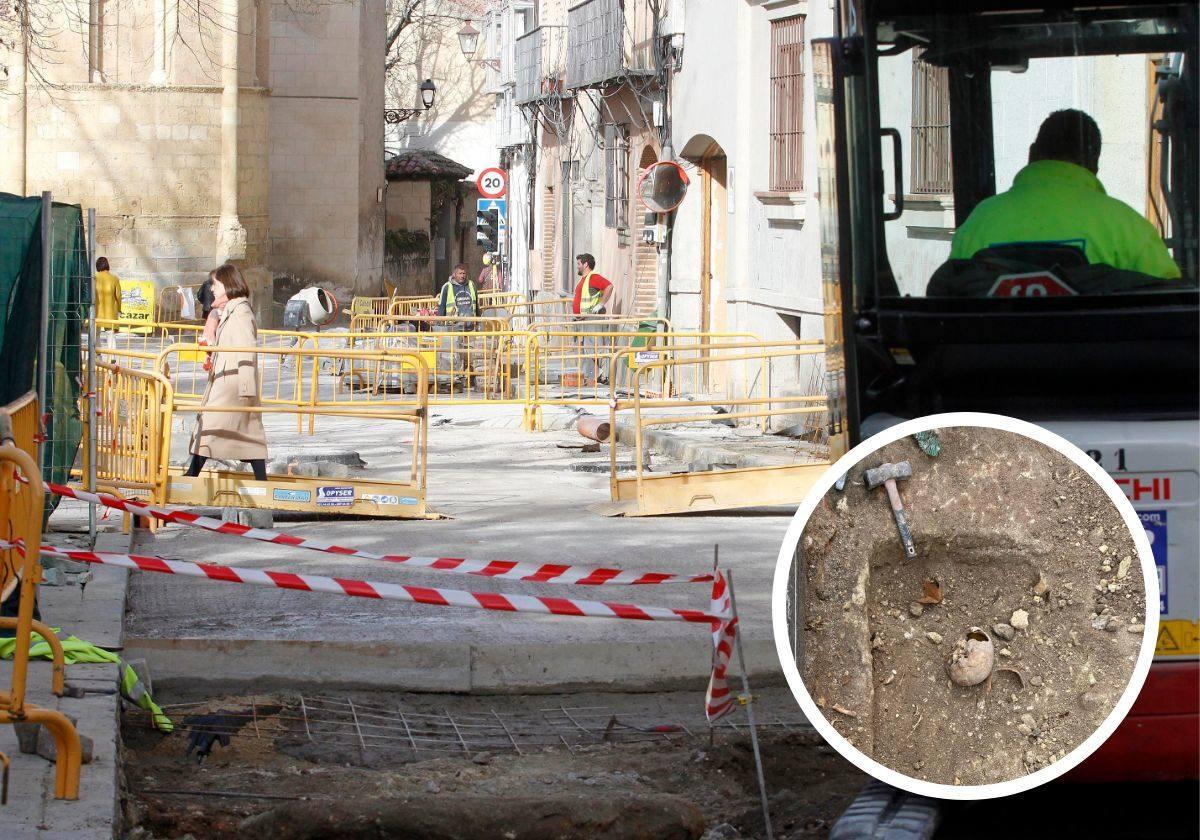 En grande, obras de la calle Daoiz; en pequeño, restos encontrados.