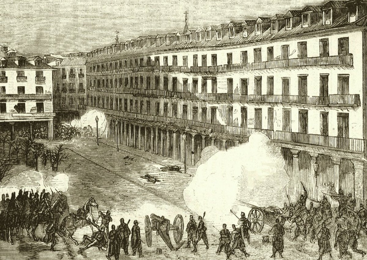 Imagen secundaria 1 - Arriba, hospital psiquiátrico del doctor Esquerdo, en Carabanchel Bajo, donde fue recluido Vega Armentero. Abajo, enfrentamiento entre republicanos y las tropas de Pavía en Valladolid, en 1874, donde se conocieron Remigio y Cecilia, y portada de la famosa autobiografía del vallisoletano.