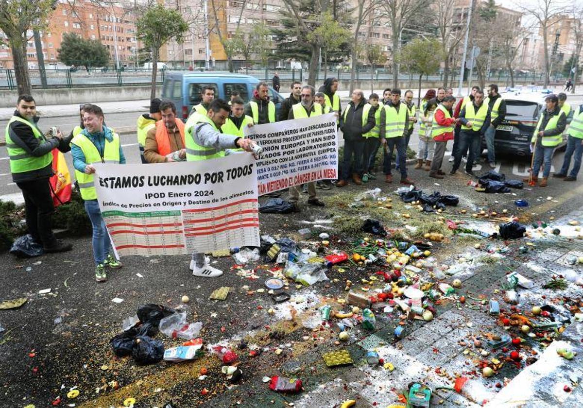 Agricultores palentinos arrojan productos extranjeros ante las puertas de la Subdelegación del Gobierno.