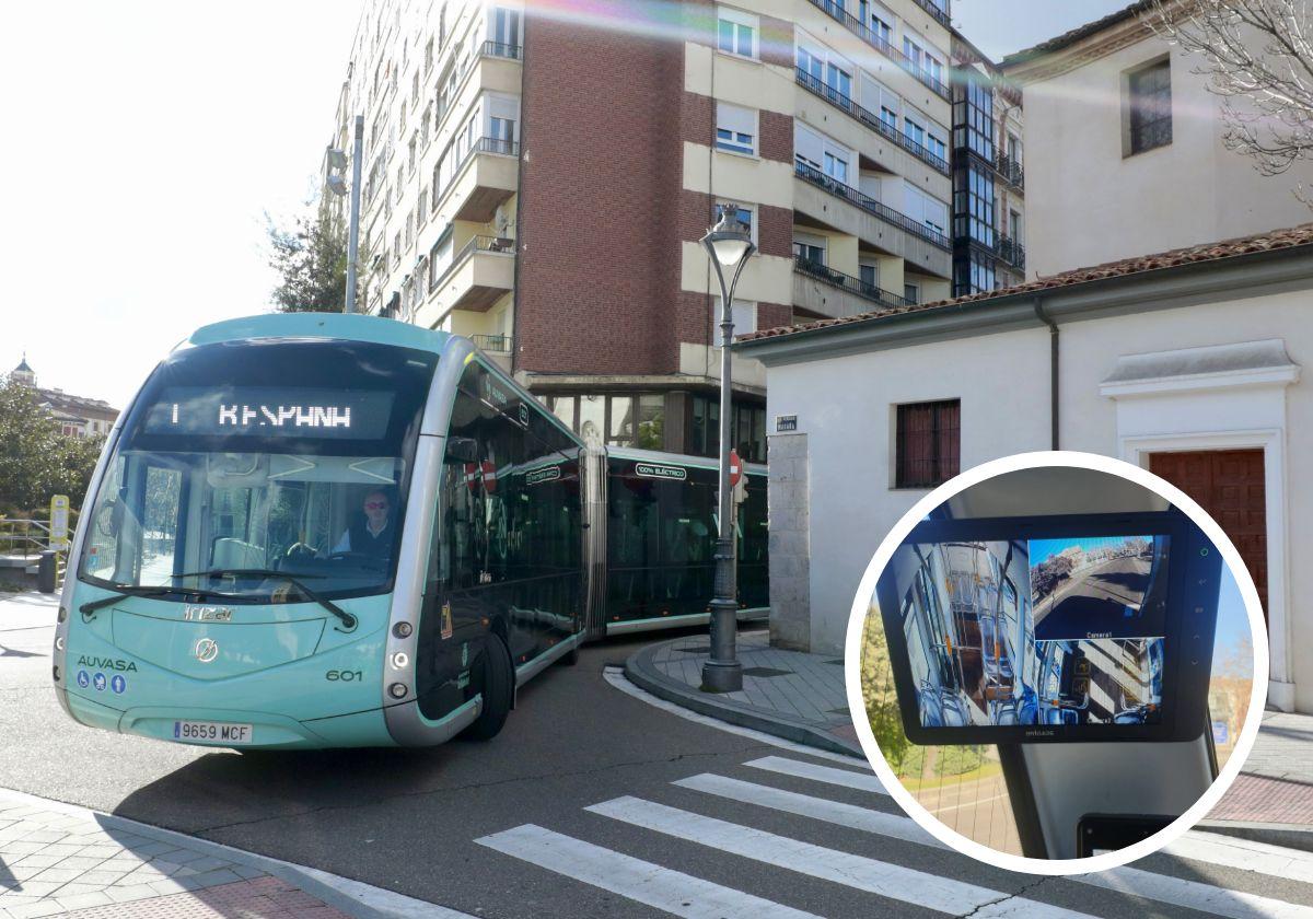 Un autobús 100% eléctrico, en uno de los giros en los que el conductor pierde visión por el tamaño de los pilares. En detalle, el monitor instalado para evitar el águlo muerto del pilar izquierdo.