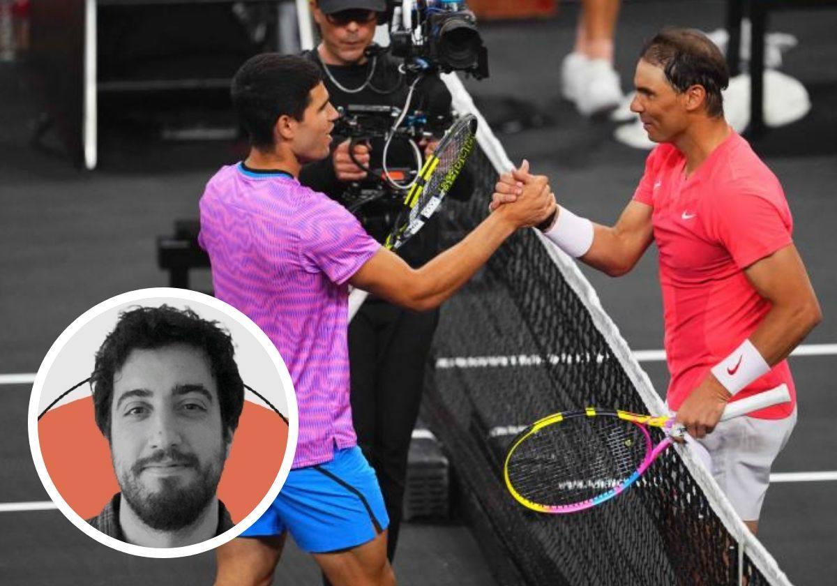 Carlos Alcaraz y Rafa Nadal se saludan durante 'El Slam' de Netflix. En el círculo, Sergio Delgado.