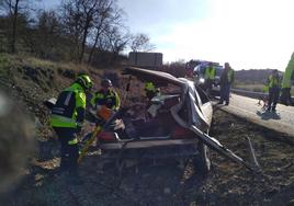 Los bomberos de la Diputación trabajan en el lugar del siniestro.