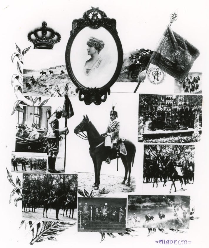 Imagen secundaria 2 - Diferentes instantáneas del desfile militar en el Campo Grande, con ocasión de la bendición del estandarte de la Academia de Caballería, el 5 de mayo de 1921, y composición de Filadelfo sobre el evento. 