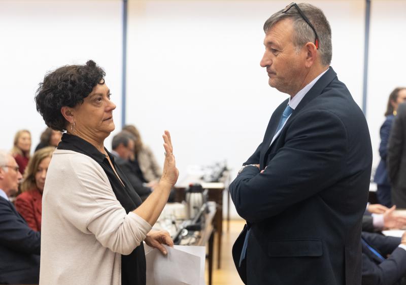 La portavoz de Justicia de Esquerra Republicana (ERC) en el Congreso, Pilar Vallugera, y el diputado de Junts Josep Maria Cervera conversan durante una Comisión de Justicia, en el Congreso de los Diputados.
