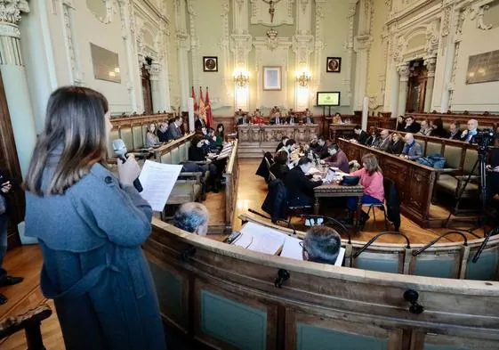 Una representante de las organizaciones que intervinieron en el Pleno habla ante los concejales de los diferentes grupos políticos.