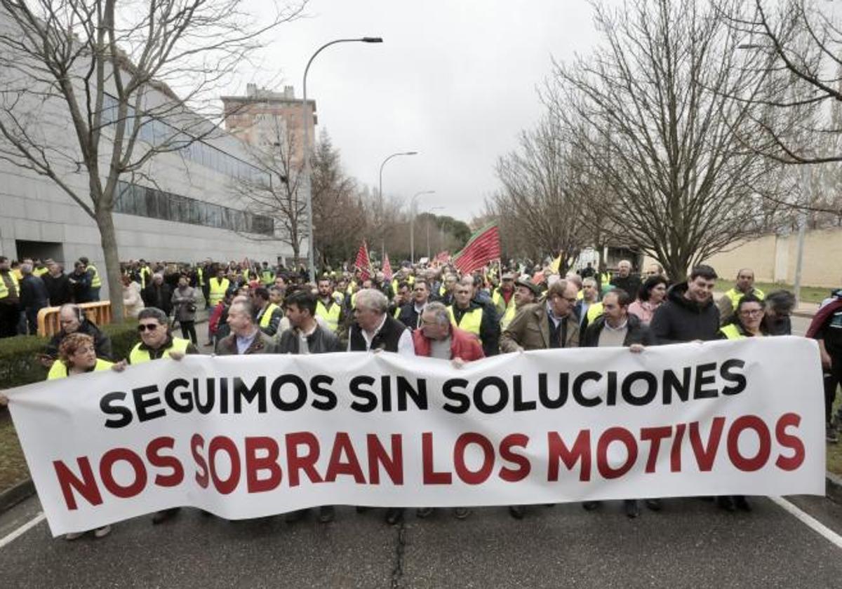 La cabecera de la manifestación a su paso por la Consejería de Agricultura.