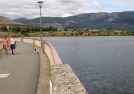 Dos personas pasean un perro por el entorno del embalse del Pontón Alto.