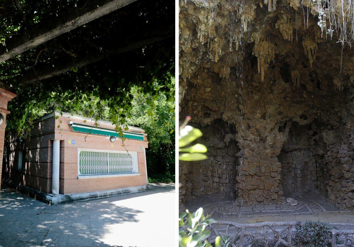 Bar de la pérgola y gruta del estanque.