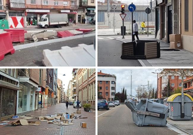 Cuatro escenas causadas por el viento en las calles Estación, Panaderos, Teresa Gil y Vega de Valdetronco.