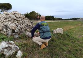 Un agente de la Guardia Civil, junto a la piedra sustraída en el término municipal de Cuéllar.