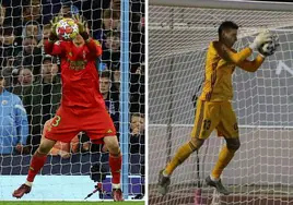 En la imagen de la izquierda, Lunin detiene el penalti de Bernardo Silva en Manchester; en la de la derecha, el de Elías Pérez en Marbella cuatro años antes.