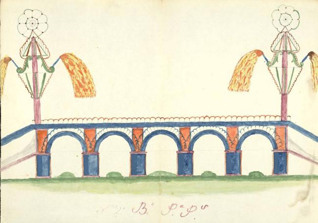 Ilustración del Puente Encarnado con fuegos artificiales el día de la llegada del duque.