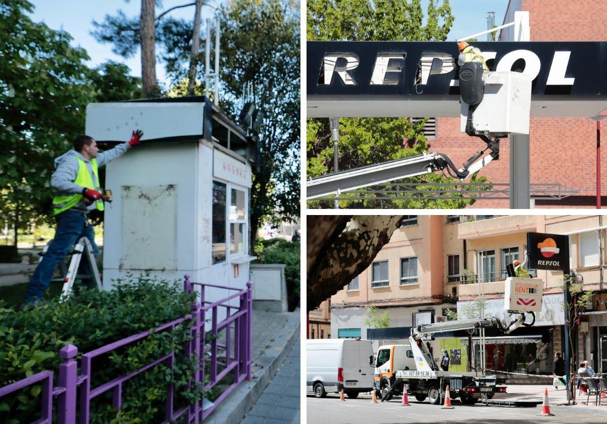 Operarios desmontan este miércoles por la mañana las gasolineras de Poniente, Circular y Vallsur, cerradas desde septiembre del año pasado.