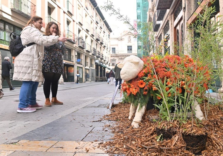 Paseantes admiran una de las esculturas florales en la calle Platerías.