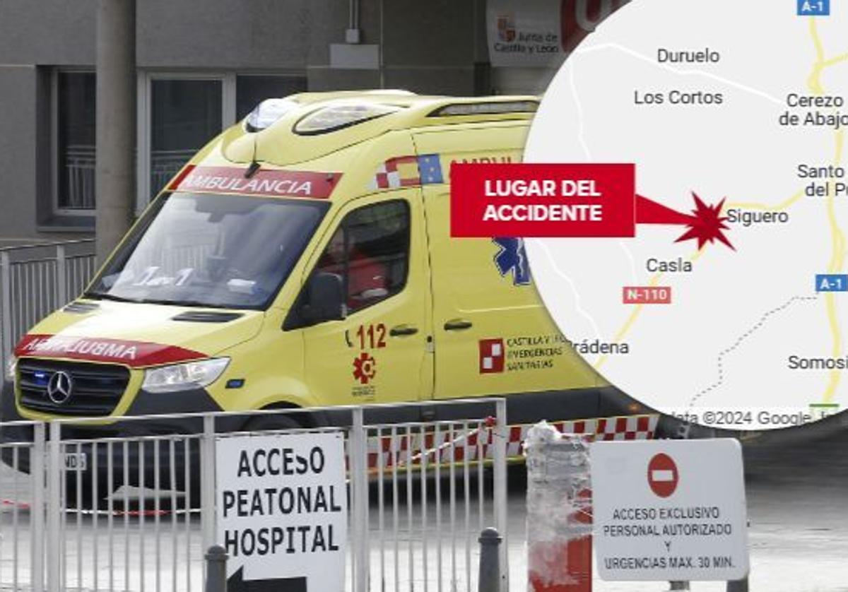 Ambulancia en Urgencias del Hospital y sobreimpresionado el lugar del accidente mortal, en la N-110, cerca de Siguero.