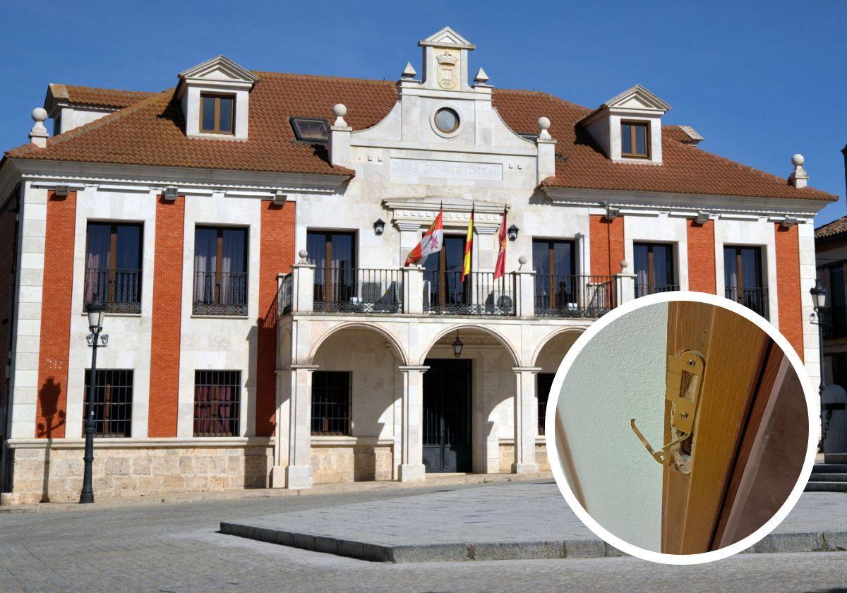 Fachada del Ayuntamiento de Villalar de los Comuneros, en una imagen de archivo. En el círculo, una de las cerraduras del Consistorio forzadas.