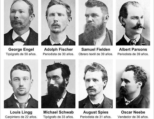 Los Mártires de Chicago, sentenciados a muerte a raíz de las manifestaciones obreras de Estados Unidos de 1886.