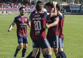 Jugadores de la Gimnástica Segoviana celebran el último gol conseguido en La Albuera.