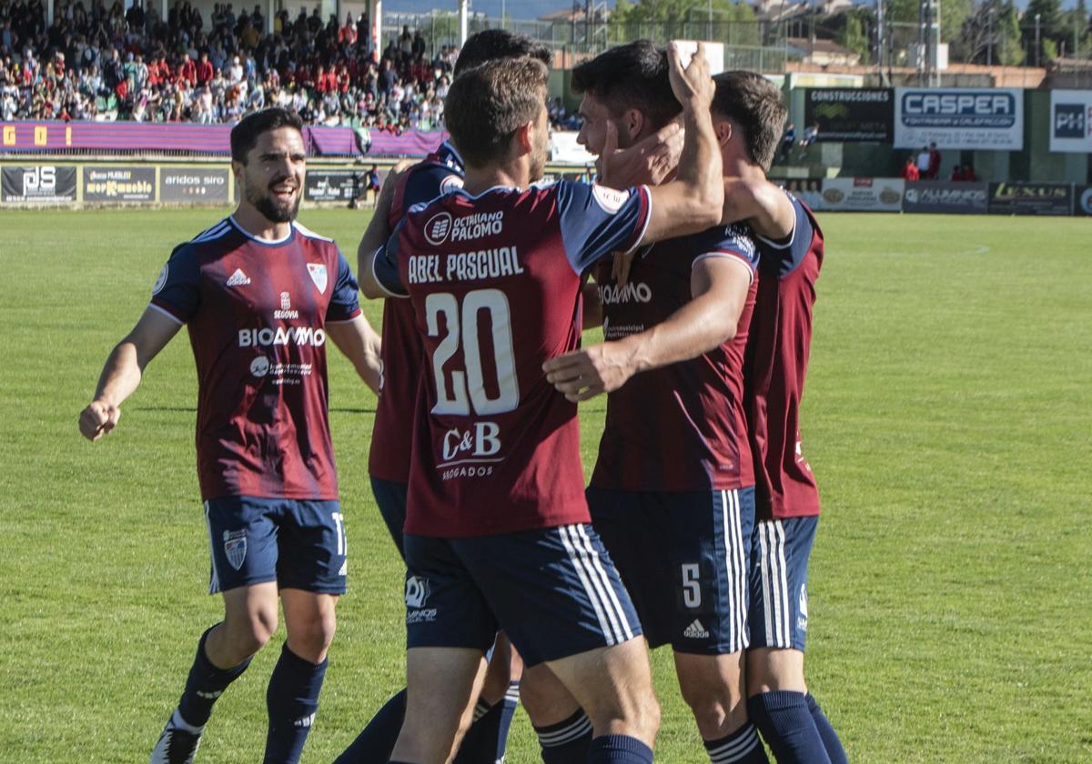 Jugadores de la Gimnástica Segoviana celebran el último gol conseguido en La Albuera.