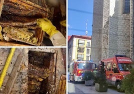 A la izquierda, los bomberos sacan los panales de debajo del suelo y los meten en una colmena. A la derecha, los vehículos con los que acudieron al aviso.