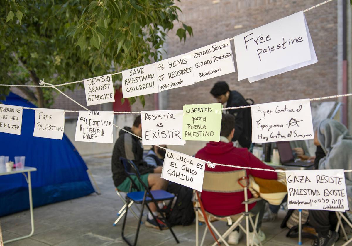 Carteles colgados por los estudiantes acampados en la Universidad de Jaén en solidaridad con el pueblo de Palestina.