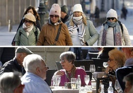 Comparativa con unos días de diferencia del tiempo que hacía este último enero en Segovia. Arriba, abrigos por el frío, abajo, gente en terrazas en jersey y camisas.