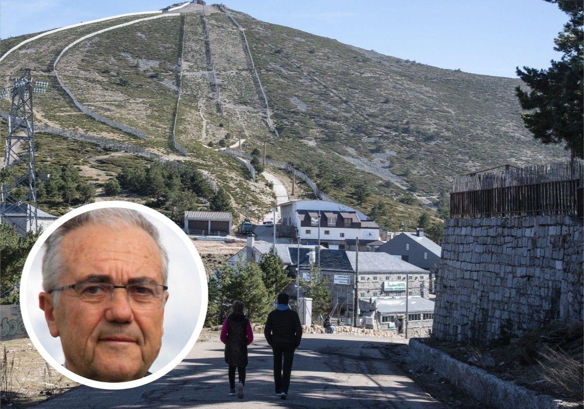 De fondo, la cima de Guarramillas, en el entorno de Navacerrada; y en el círculo, el profesor Rafael Calderón.