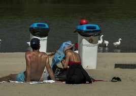 Bañistas en la playa de Las Moreras, con los patos en el agua.