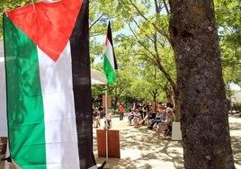 Banderas de Palestina en el parque de Coronel Rexach durante la acampada de este fin de semana