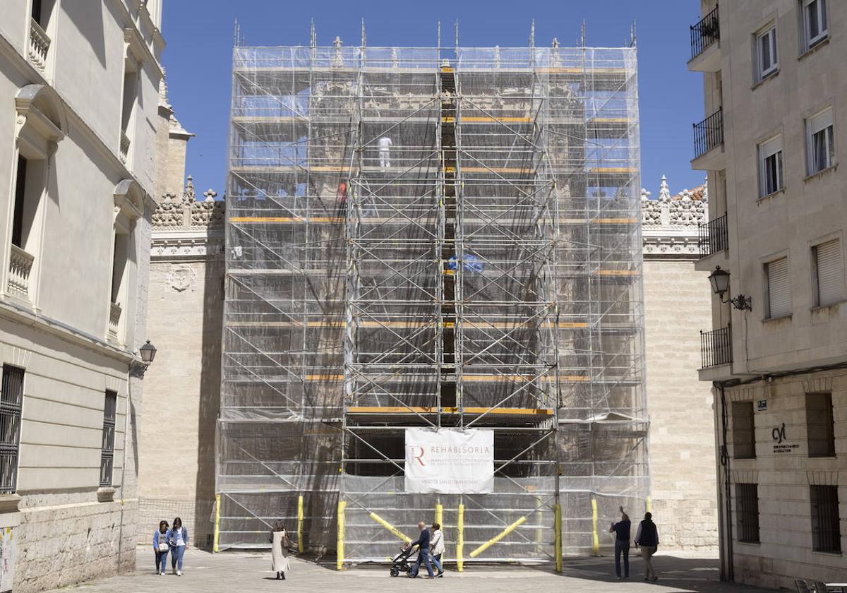 Los andamios cubren la fachada principal del Colegio de San Gregorio.