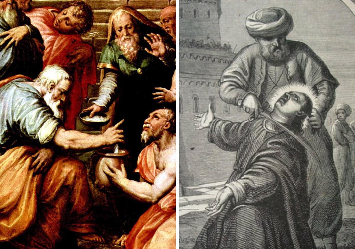 San Eliseo Profeta realiza uno de sus milagros y, a la derecha, San Anastasio Mártir de Córdoba