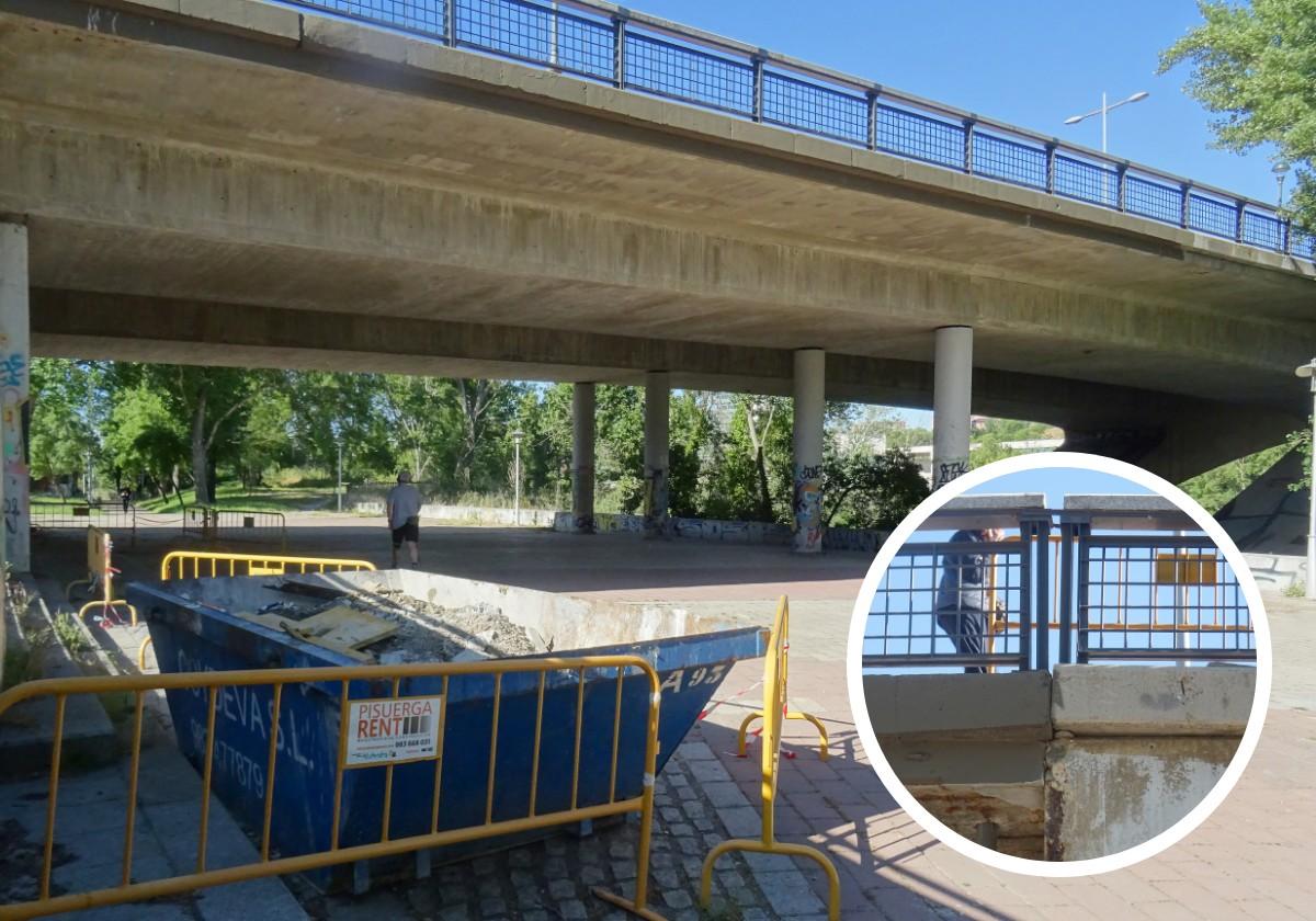 Paso inferior del tablero del puente de Juan de Austria, con las vallas aún cerrando el paso de las escalinatas laterales, y detalle de la diferencia entre el tramo del borde asegurado y el que se mantiene sin tocar.