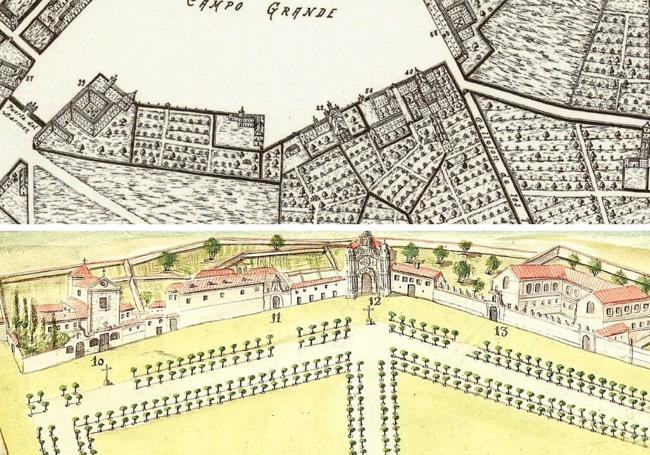 Arriba, fragmento del plano de Bentura Seco, del año de 1738 (redibujado por J. Agapito y Revilla en 1901), con los conventos existentes al mediodía del Campo Grande y el trazado del callejón de los Toros. Abajo, Representación gráfica de los conventos (Capuchinos, La Laura, San Juan de Letrán, Padres Agustinos) situados en el perímetro meridional del Campo Grande, en un extracto del plano de Diego Pérez Manrique del año 1788