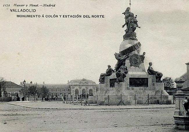 El monumento a Cristóbal Colón y la estación del Norte. Colección Hauser y Menet, hacia 1920