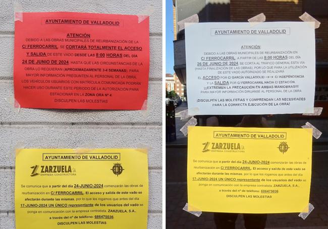 El cartel rojo (izquierda) que anunció el cierre de cinco vados (números 9, 11, 15-17, 19 y 21) de la calle Ferrocarril. A la derecha, el cartel azul que informa en el resto de vados del itinerario para entrar y salir de los mismos.