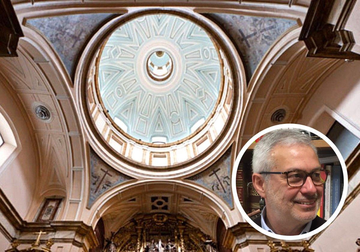 Cúpula de la iglesia de la Vera Cruz antes del derrumbe. En el círculo, el historiador del arte Luis Vasallo.