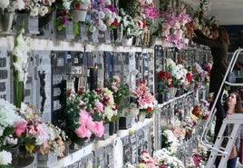 Nichos adornados con flores en el cementerio municipal de Segovia.