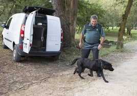 Un agente de la Guardia Civil saca a un perro de la unidad canina para encontrar a personas desaparecidas.