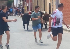 Tres mozos corren delante de los toros en Siete Iglesias este domingo..