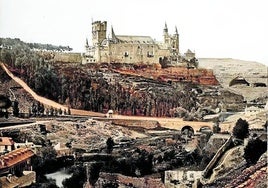 Imagen estereoscópica coloreada del entorno del Alcázar, yermo de vegetación, en 1861.