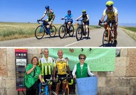 Jesús Gutiérrez y Chistophe Sánchez, sobre la bicicleta acompañados de otros ciclistas. Abajo, con la presidenta del Cáncer, Rosa Andrés, y la coordinadora de Carrión, Rosa Bustamante, a su llegada tras lograr el reto.