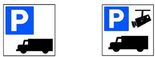 Pictogramas representativos de la presencia de zonas de descanso (derecha) y zonas deestacionamiento seguro y protegido (izquierda).