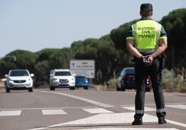 Un Guardia Civil controla el tráfico en la carretera CL-610.