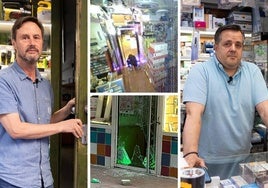 A los lados de las imágenes, los gerentes de dos negocios afectados (Óscar Cuéllar y Víctor García). En el centro, asalto al comercio ElectroDelicias.