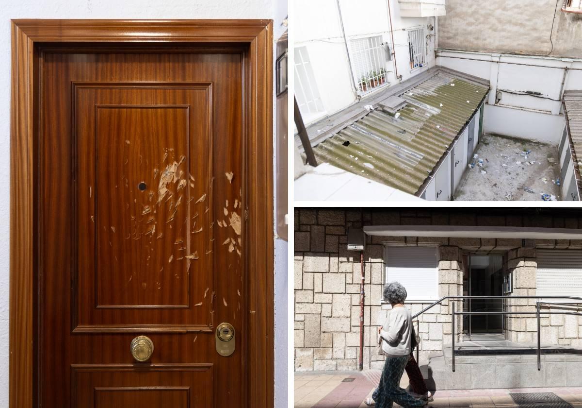 A la izquierda, hachazos en la puerta de uno de los vecinos. A la derecha, estado del patio interior con los tejados rotos y lleno de desperdicios; y portal del inmueble.