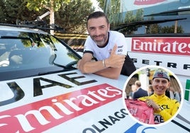 Manuele Mori. En pequeño, Pogacar con los maillots de líder del Giro y del Tour 2024.